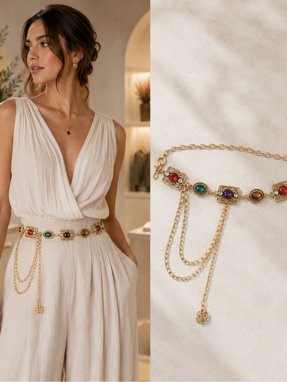 Gold Multicolor Gemstone Chain Belt - Women Accessories